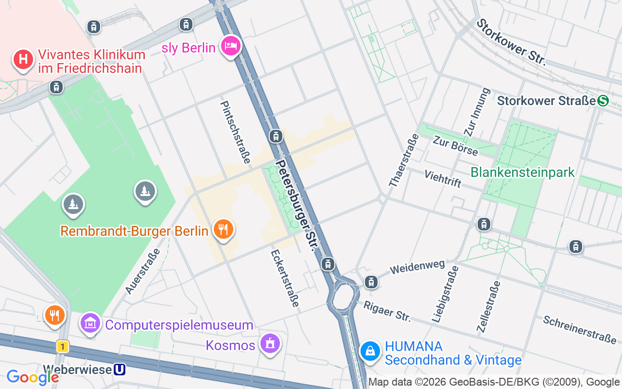 Karte von Friedrichshain, Berlin, mit Strike Riser im Zentrum.